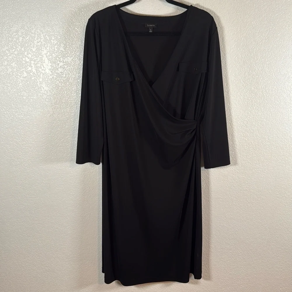 Talbots Black Faux Wrap 3/4 Sleeve MIDI Career Dress Double Pockets Size XL - Picture 1 of 7